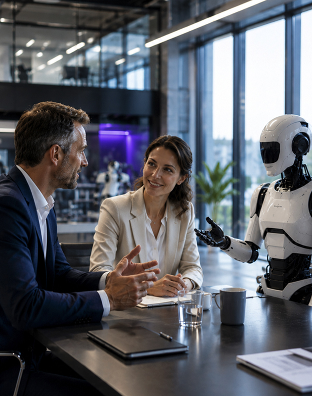 Executive Meeting mit humanoidem Roboter